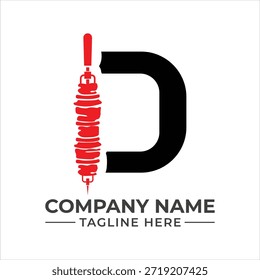 Design de logotipo moderno para restaurante doner kebab com um espeto vermelho e a letra d em um fundo branco