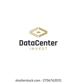 Um design de logotipo moderno com um livro abstrato combinado com uma forma de diamante, representando o investimento e o conhecimento do data center.