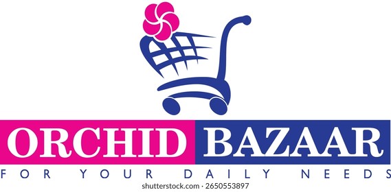 Design de logotipo moderno com um carrinho azul com uma flor de orquídea magenta e texto ousado "Orchid Bazar", destacando as necessidades diárias de compras em uma composição elegante e colorida.