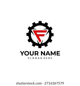 Design de logotipo moderno com uma letra vermelha em negrito F dentro de uma forma triangular branca, tudo incluído por um símbolo de engrenagem preta, com texto de espaço reservado para marca.