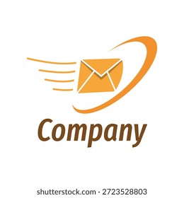 Diseño de logotipo moderno con un sobre naranja de movimiento rápido con líneas de velocidad y un swoosh, que simboliza la rápida comunicación comercial y entrega para una empresa