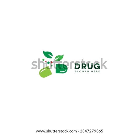 Modern logo design featuring a green capsule with leaves, ideal for natural medicine, herbal remedies, or pharmaceutical brands seeking an eco-friendly image.  Perfect for websites, marketing material