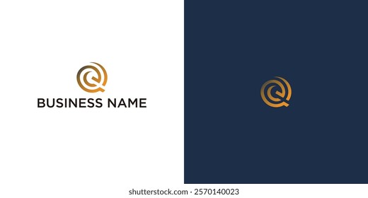 Modern logo design featuring the letter Q, in gold, on white and dark blue backgrounds.