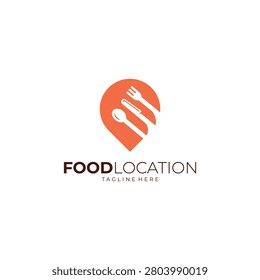 A modern logo design featuring a location pin icon with a spoon fork and knife inside representing food and dining.