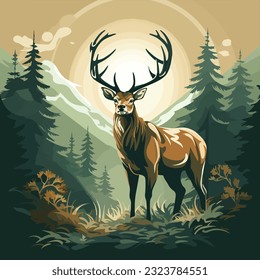 A modern logo design featuring a long-horned deer, gracefully standing in a flat vector forest. The deer's horns are prominent, creating a distinctive and elegant shape. The logo illustration captures