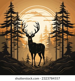 A modern logo design featuring a long-horned deer, gracefully standing in a flat vector forest. The deer's horns are prominent, creating a distinctive and elegant shape. The logo illustration captures