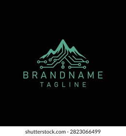 A modern logo design featuring a mountain peak integrated with circuit board lines, representing technology, innovation, and digital landscape.