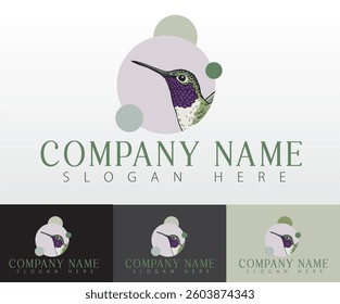 A modern logo design featuring a multicolored hummingbird illustration.