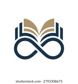 A modern logo design featuring an open book with golden pages atop a dark blue infinity symbol, symbolizing continuous learning, wisdom, and infinite knowledge.