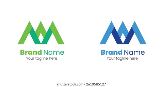 Modern logo design featuring overlapping triangles in vibrant green and blue. Letter m mountain shape logo design vector