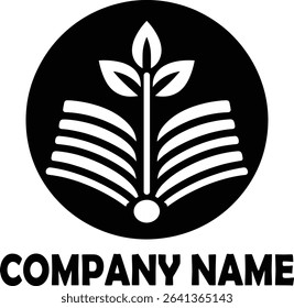 Modern logo design featuring a plant growing from an open book, symbolizing growth, knowledge, and education.  Perfect for educational institutions, publishing houses, or environmentally conscious bus
