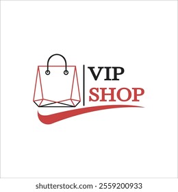 Modern logo design featuring a red shopping bag icon with black handles, 'VIP SHOP' in bold uppercase text, and a dynamic red swoosh, set against a white background for sleek branding.  