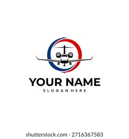 Un moderno diseño de logotipo con una elegante silueta negra de un avión a reacción que vuela a través de un dinámico emblema circular rojo y azul, que simboliza la velocidad, los viajes y la aviación.