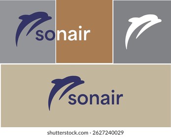 Modern logo design featuring a stylized dolphin shape with the brand name 'Sonair.' Presented in multiple color palettes and mockup backgrounds for versatile branding applications. Ideal for businesse