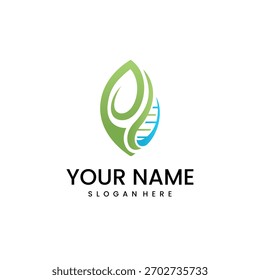 Um design de logotipo moderno com uma folha verde estilizada entrelaçada com uma hélice de DNA azul e verde, simbolizando a natureza, a saúde e a genética.