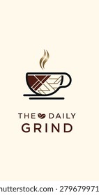 Modern logo design featuring a stylized coffee cup with geometric patterns and rising steam, accompanied by the text 'The Daily Grind'.