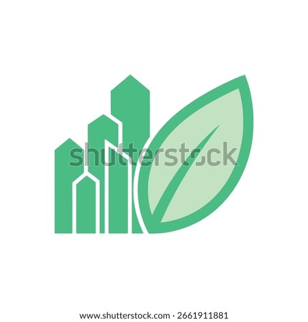 A modern logo design featuring stylized buildings and a leaf, representing sustainable urban development.