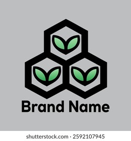 Modern logo design featuring three green leaves in hexagons. Ideal for eco brands.