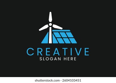 Modern logo design featuring a windmill and solar panel. Perfect for clean energy companies.