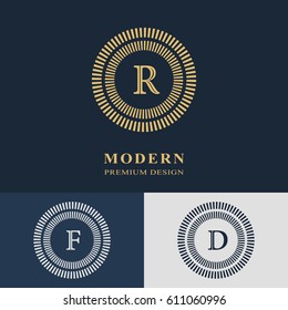 Modern logo design. Geometric linear monogram template. Letter emblem R, F, D. Mark of distinction. Universal business sign for brand name, company, business card, badge. Vector illustration