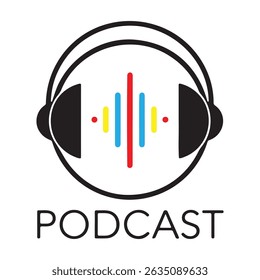A modern logo design incorporating headphones and stylized sound waves, ideal for podcast branding.
