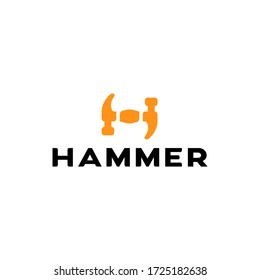 Modern Logo Design of  Industrial, Two Hammer Tool Symbol, Monogram Initials Letter H Orange Logo White Background