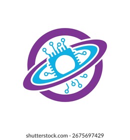 Diseño de logotipo moderno que representa la tecnología y la innovación. Un chip está rodeado por un anillo cósmico.
