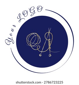 A modern logo design showcases intricate golden line art resembling intertwined wool threads within a deep blue circle.