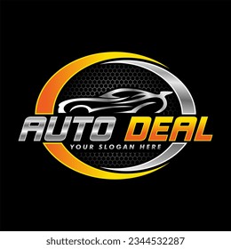 modernes Logo-Design von Sportwagen Schild Silhouette Logo Automobil, Auto-Showroom, Auto-Händler Logo Design Supercar Kraftfahrzeug-Händler-Vertriebszeichen. einzeln auf schwarzem Hintergrund 