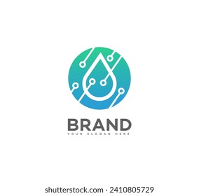 Modern logo design template featuring a water drop integrated with a circuit board pattern. This abstract icon is ideal for technology or ecotech branding.