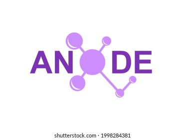 modern logo design for the word "ANODE". Ions belong to the periodic system of atoms. There are ion pathways, ionic bonds.