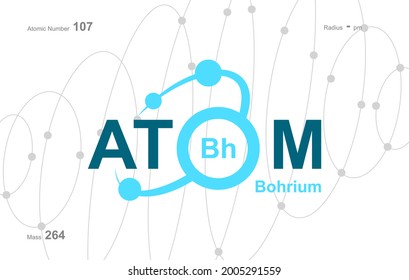 diseño moderno de logotipo para la palabra "Atom". Los átomos pertenecen al sistema periódico de átomos. Hay rutas atómicas y letra Bh.