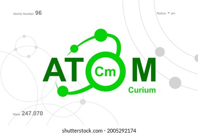 modern logo design for the word "Atom". Atoms belong to the periodic system of atoms. There are atom pathways and letter Cm.