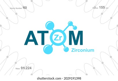 modern logo design for the word "Atom". Atoms belong to the periodic system of atoms. There are atom pathways and letter Zr. 