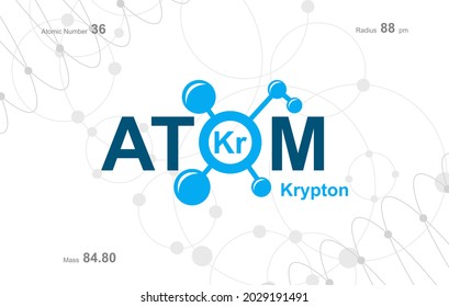 modern logo design for the word "Atom". Atoms belong to the periodic system of atoms. There are atom pathways and letter Kr. 
