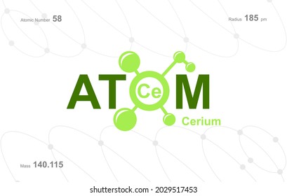 modern logo design for the word "Atom". Atoms belong to the periodic system of atoms. There are atom pathways and letter Ce.e.