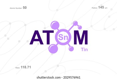 modern logo design for the word "Atom". Atoms belong to the periodic system of atoms. There are atom pathways and letter Sn.