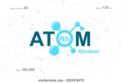 modern logo design for the word "Atom". Atoms belong to the periodic system of atoms. There are atom pathways and letter Rh.