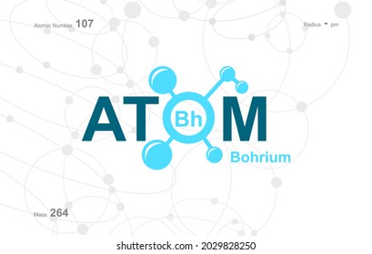 diseño moderno de logotipo para la palabra "Atom". Los átomos pertenecen al sistema periódico de átomos. Hay rutas atómicas y letra Bh.