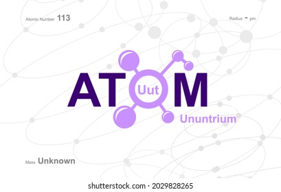 diseño moderno de logotipo para la palabra "Atom". Los átomos pertenecen al sistema periódico de átomos. Hay rutas atómicas y letra Uut.