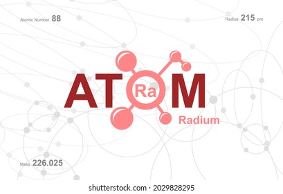 modern logo design for the word "Atom". Atoms belong to the periodic system of atoms. There are atom pathways and letter Ra.