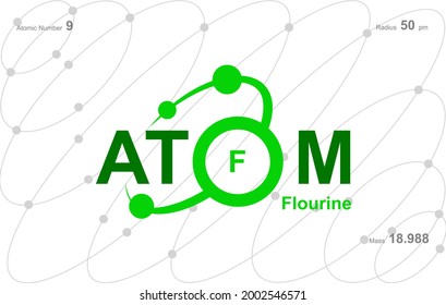 modern logo design for the word "Atom".Atoms belong to the periodic system of atoms. There are atom pathways and letter F.