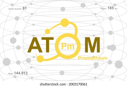 diseño moderno de logotipo para la palabra "Átomo". Los átomos pertenecen al sistema periódico de átomos. Hay rutas atómicas y letra Pm.
