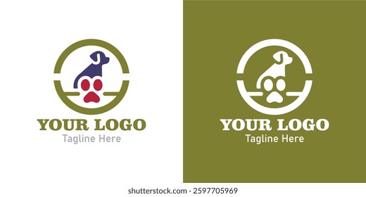Modern Logo With a dog and paw print inside a circle.