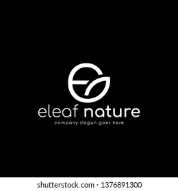 Modern logo E combine with leaf. Initial Letter E Eco nature design template isolated on black background.