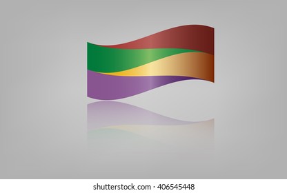 Modern logo element in shape of flag with colorful gradients. Colorful ribbon with reflection on grey background. 