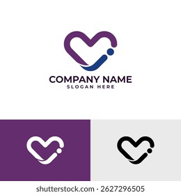 A modern logo features a stylized heart shape formed by rounded lines in shades of purple and blue. A small blue dot accents the right side, adding a unique touch. It conveys love, connection, or care