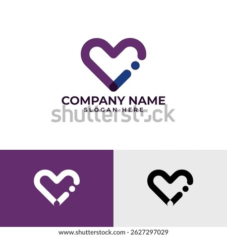 A modern logo features a stylized heart shape formed by rounded lines in shades of purple and blue. A small blue dot accents the right side, adding a unique touch. It conveys love, connection, or care