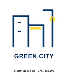 A modern logo featuring an abstract building shape in blue and yellow, with the text 'GREEN CITY' below.