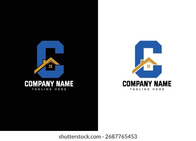 Logotipo moderno com uma letra C em negrito combinada com um símbolo de casa, ideal para negócios de propriedade e construção.